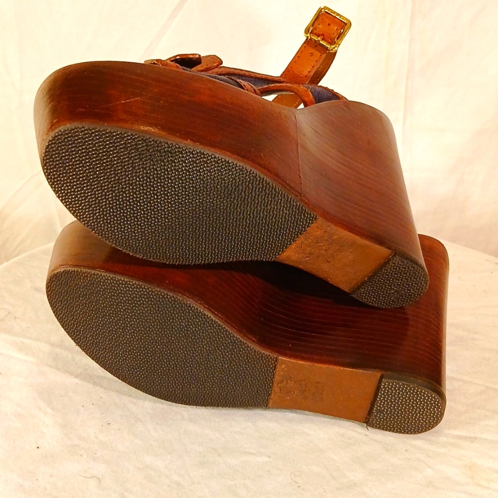 Like New Tory Burch Brown Leather & Navy Blue Denim Wedge Platform Heels - Picture 10 of 16